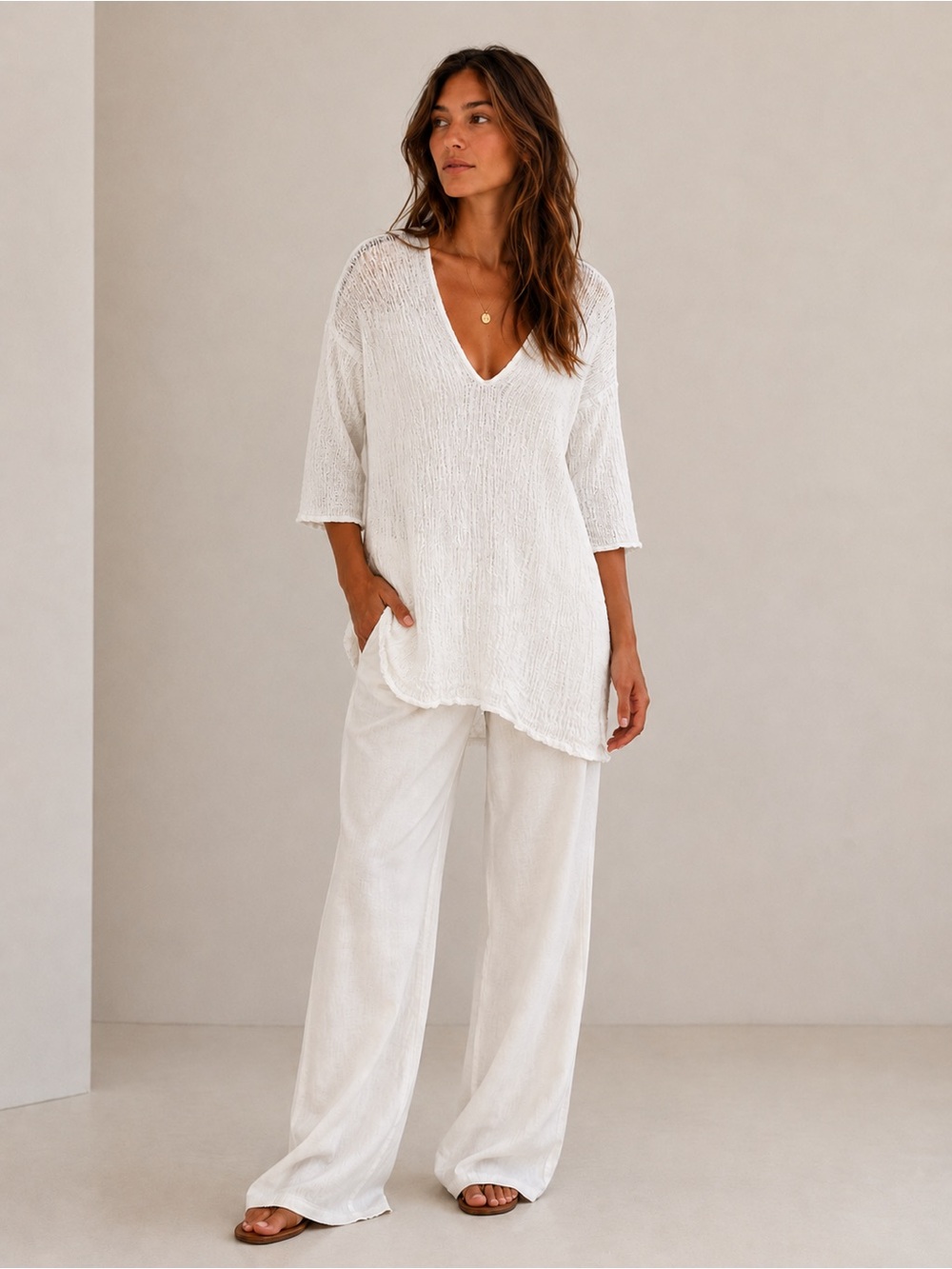 La Bottega di Brunella White Crinkle Tunic Boho Coastal Cottagecore Sheer linen